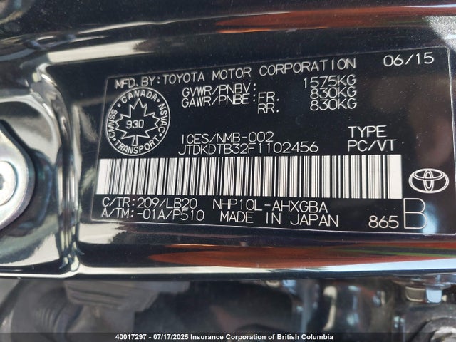 JTDKDTB32F1102456 Toyota 1nz-fxe+1lm