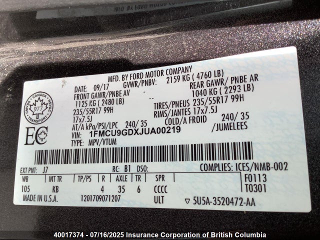 1FMCU9GDXJUA00219 Ford 1.5l gtdi sigma w/premium fuel