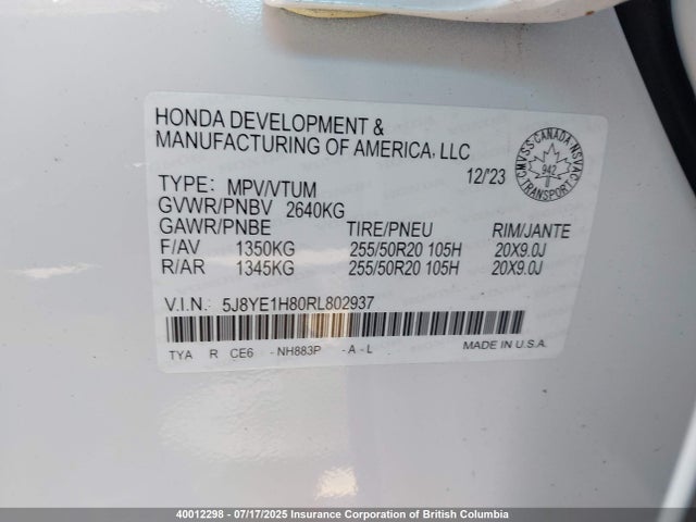 5J8YE1H80RL802937 Acura j35y5