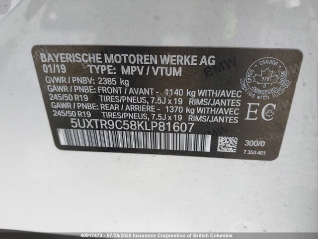 5UXTR9C58KLP81607 BMW X3