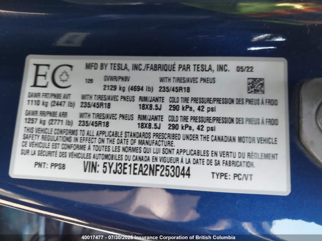 5YJ3E1EA2NF253044 Tesla 2022