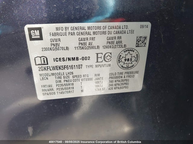 2GKFLWEK5F6161107 GMC lea - flex fuel (gas/alc), aluminum, ho,