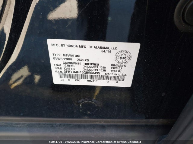 Acura j35y5 2016 5FRYD4H45GB508495 Image 9
