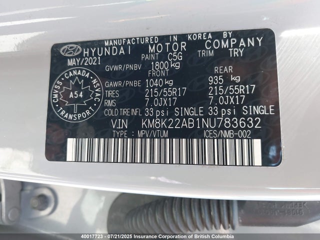 KM8K22AB1NU783632 Hyundai mpi nu pe