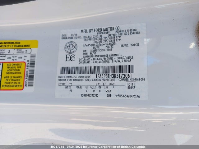 Aukcja sprzedaży 2019 Ford Mustang, vin: 1FA6P8TH3K5173061, numer aukcji: 40017744