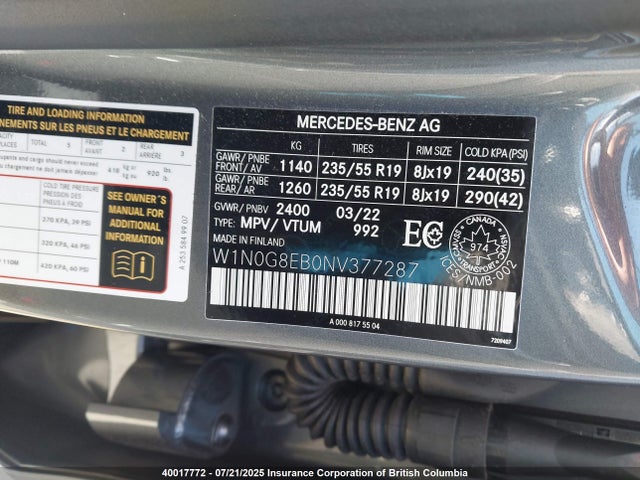 W1N0G8EB0NV377287 Mercedes-Benz m274