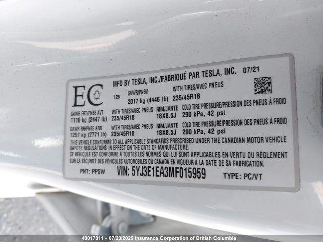 5YJ3E1EA3MF015959 Tesla MODEL 3