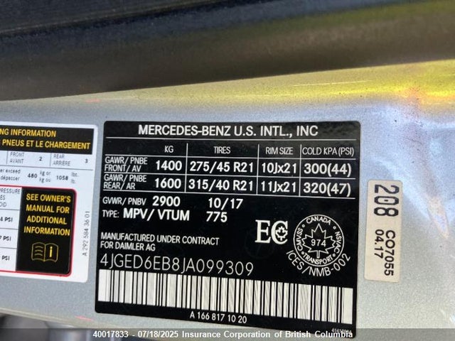 4JGED6EB8JA099309 Mercedes-Benz m276