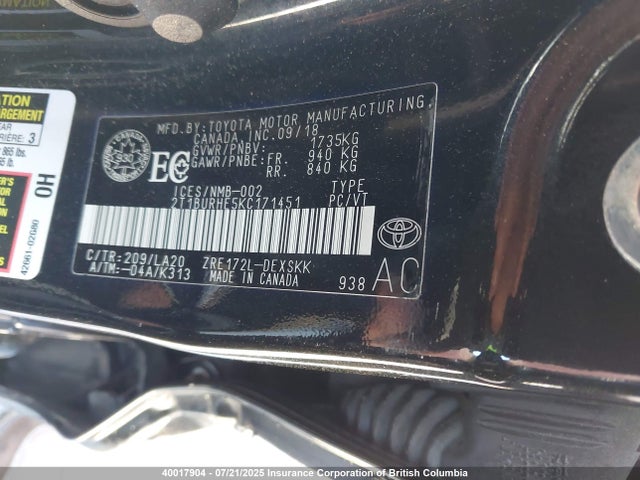 2T1BURHE5KC171451 Toyota 2zr-fe