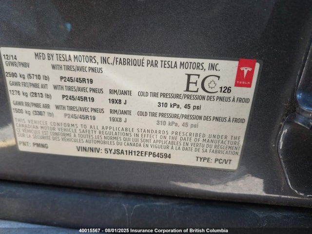 5YJSA1H12EFP64594 Tesla MODEL S