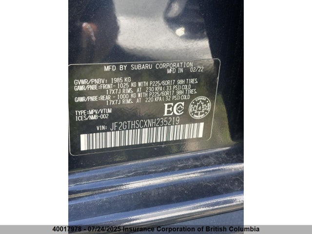 JF2GTHSCXNH235219 Subaru na