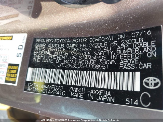 JTDZN3EU6HJ058951 Toyota 2zr-fxe, 5jm