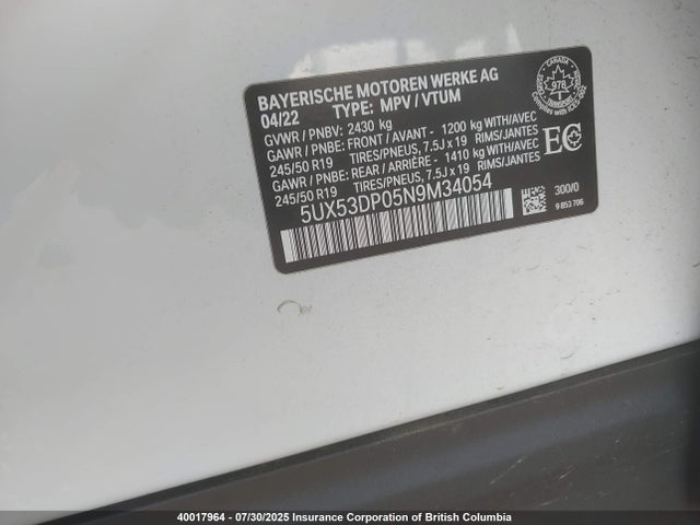 5UX53DP05N9M34054 BMW 2022