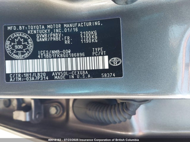 Toyota 2ar-fxe+2jm 2016 4T1BD1FK8GU186896 Image 9