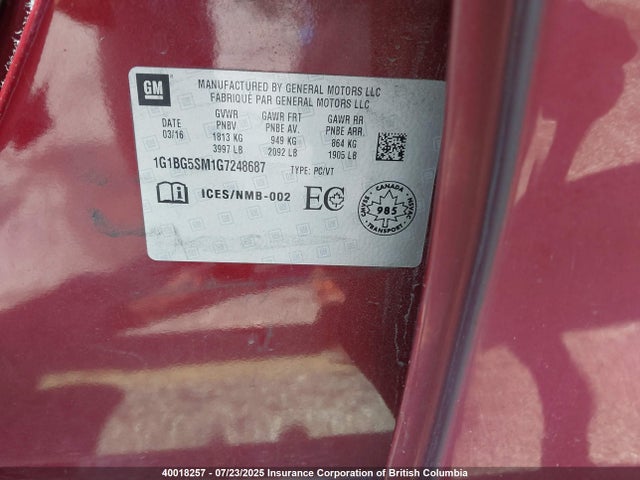 1G1BG5SM1G7248687 Chevrolet le2 - di: direct injection, alum, vvt, gen i, gmna