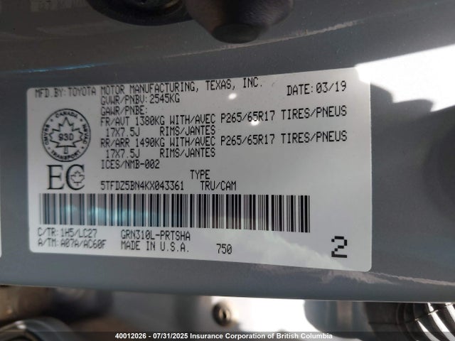 5TFDZ5BN4KX043361 Toyota 2gr-fks