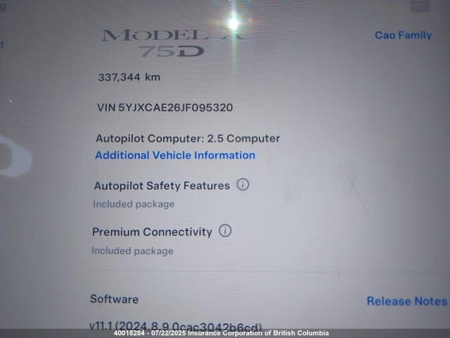 5YJXCAE26JF095320 Tesla 2018