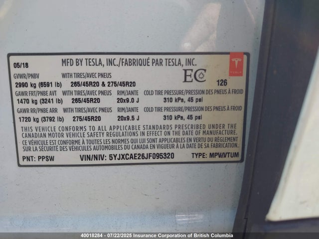 5YJXCAE26JF095320 Tesla 2018