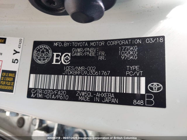 JTDKBRFU9J3061767 Toyota 2zr-fxe,1nm