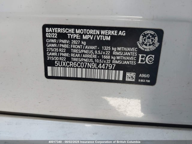 5UXCR6C07N9L44797 BMW 2022