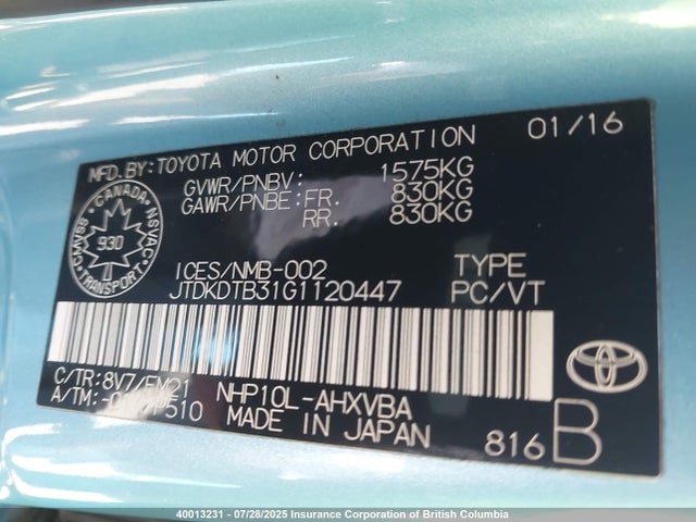 JTDKDTB31G1120447 Toyota 1nz-fxe+1lm