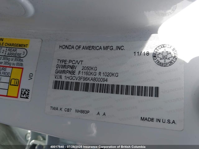 1HGCV3F96KA800094 Honda lfb2