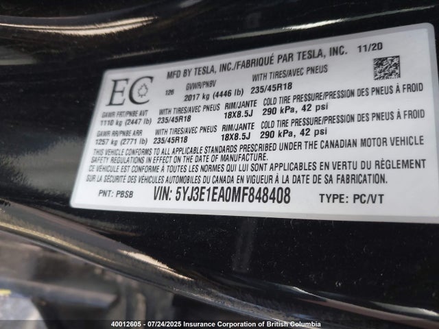 5YJ3E1EA0MF848408 Tesla 2021