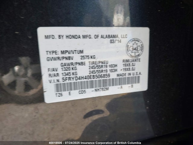 5FRYD4H40EB506859 Acura j35y5