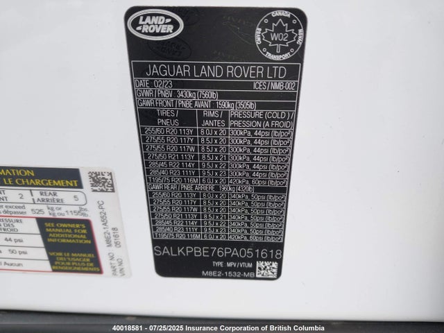 SALKPBE76PA051618 Land Rover nc10-p8h