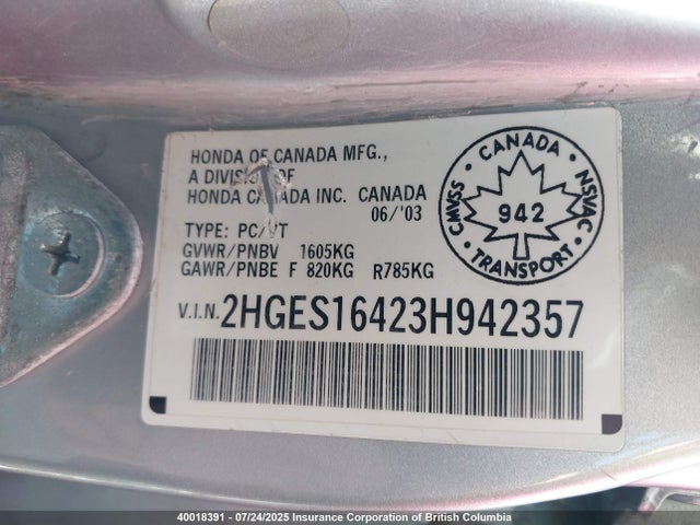 Продажа на аукционе авто 2003 Honda Civic Dx, vin: 2HGES16423H942357, номер лота: 40018391