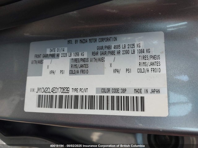 Mazda l5x 2014 JM1CW2CL4E0170639 Image 9