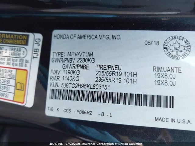 Acura k20c4 2019 5J8TC2H95KL803151 Image 9
