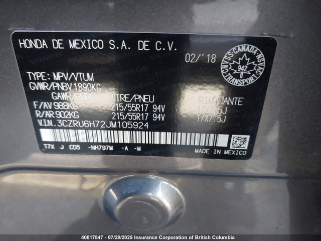 3CZRU6H72JM105924 Honda r18z9