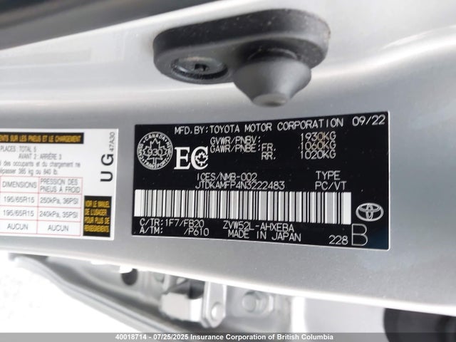 JTDKAMFP4N3222483 Toyota 2zr-fxe, 1nm+1sm