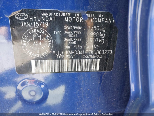 KMHD84LF7KU863273 Hyundai mpi nu
