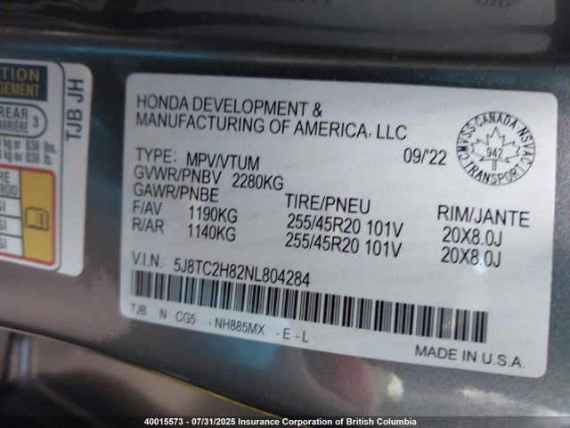 5J8TC2H82NL804284 Acura k20c4