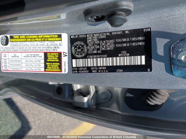 Toyota 2gr-fe 2016 4T3BK3BB2GU122495 Image 9