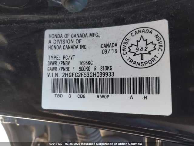 Honda k20c2 2016 2HGFC2F53GH039933 Image 9