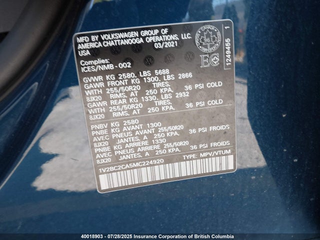 Volkswagen 2.0 tsi 2021 1V2BC2CA5MC224920 Image 9