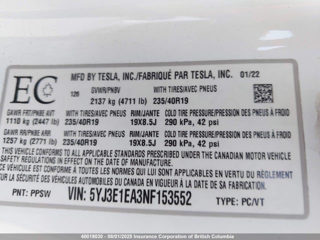 5YJ3E1EA3NF153552 Tesla 2022