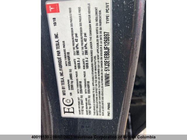 5YJ3E1EB8JF126897 Tesla MODEL 3