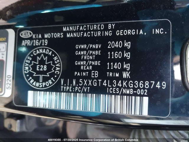 5XXGT4L34KG368749 KIA gdi