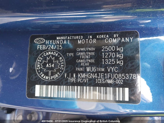 KMHGN4JE1FU085378 Hyundai gasoline 3.8 dohc mpi lambda