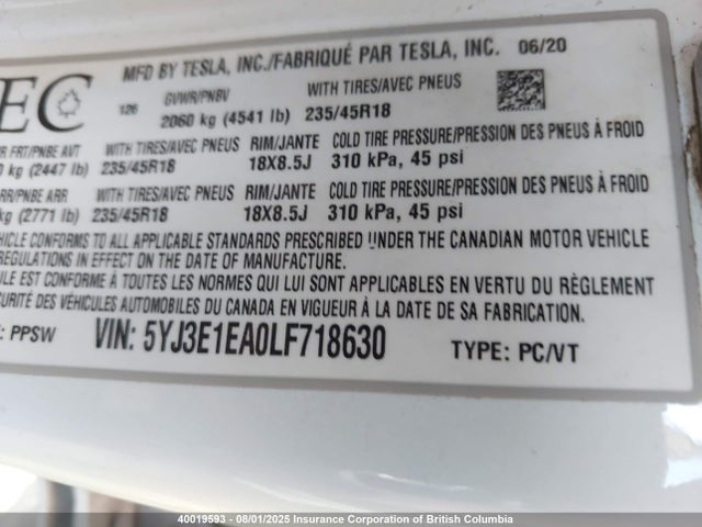 5YJ3E1EA0LF718630 Tesla 2020