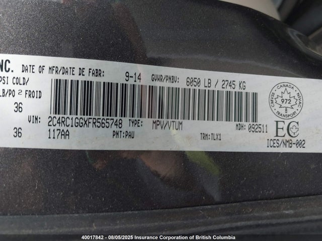 2C4RC1GGXFR565748 Chrysler 2015