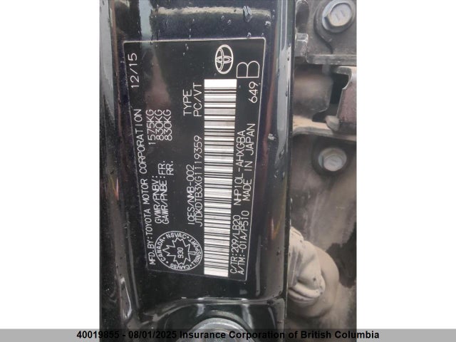 JTDKDTB3XG1119359 Toyota 1nz-fxe+1lm