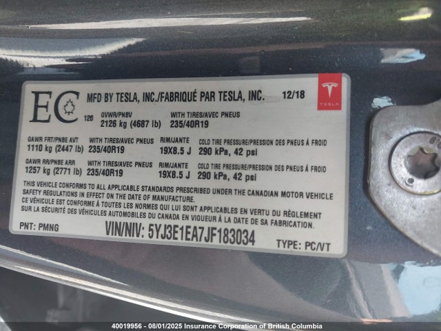 5YJ3E1EA7JF183034 Tesla 2018