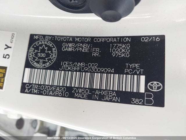 JTDKBRFU9G3009094 Toyota 2zr-fxe,1nm