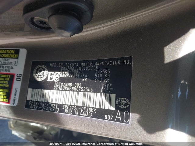 Toyota 2zr-fe 2017 2T1BURHE8HC753505 Image 9