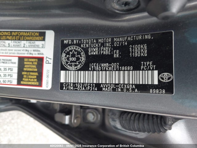 4T1BD1FK8EU118689 Toyota 2ar-fxe+2jm